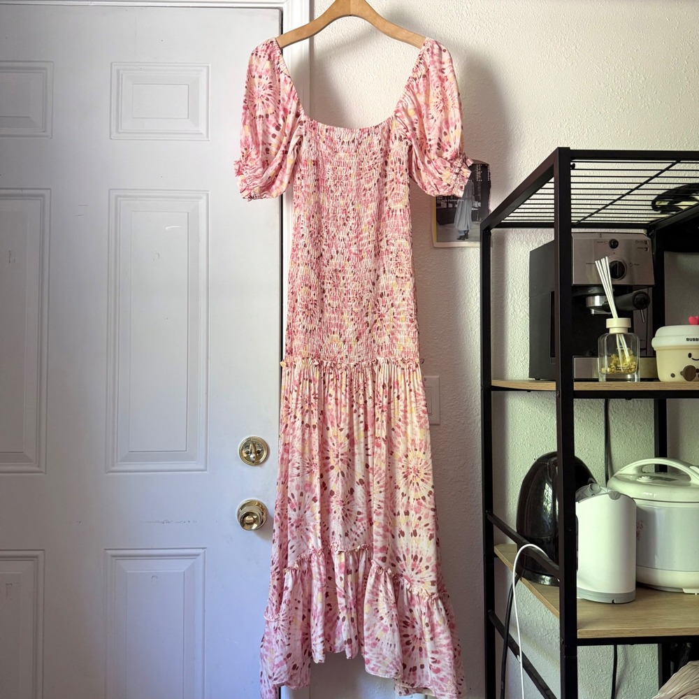 MISA pink white yellow printed puff short sleeve smocked midi maxi dress